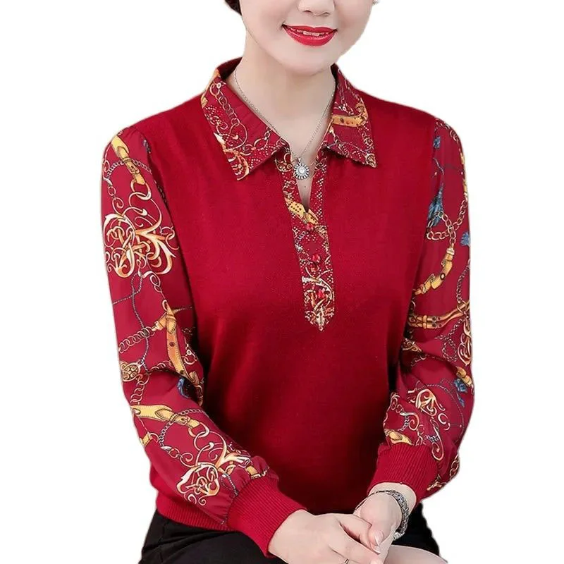 

Middle-aged mother Costume 5XL Splicing Shirt Female Spring Long Sleeve Printing Shirt Casual All-match Tshirt Tops C
