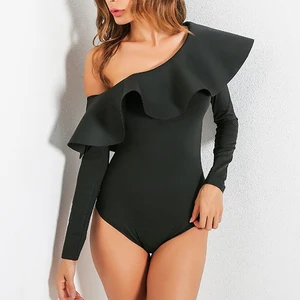 Комбинезон женский с оборками, черный комбинезон с длинным рукавом, Облегающий комбинезон, облегающее боди, GV105