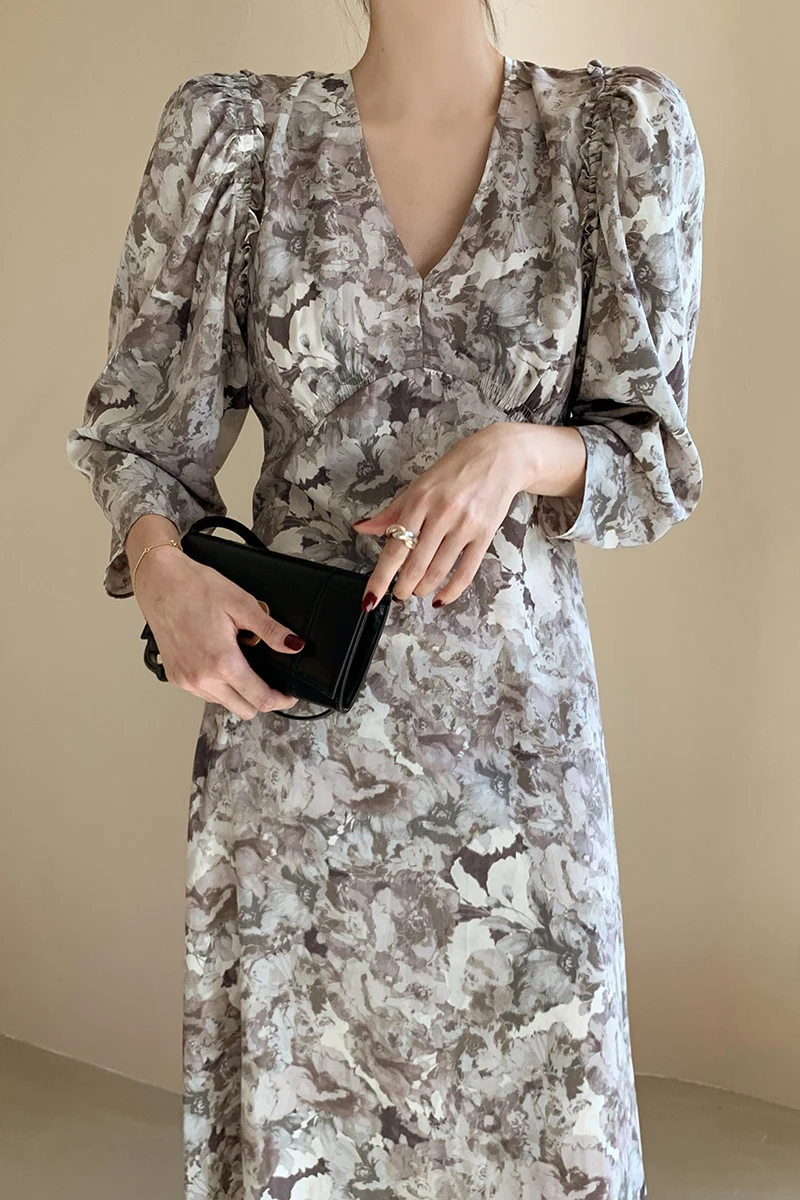 

Bohemian Ink Pattern Print Dress For Women Sexy V-Neck Long Sleeve High Waist Midi Dresses Female Robe Mujer Fashion Autumn 2020