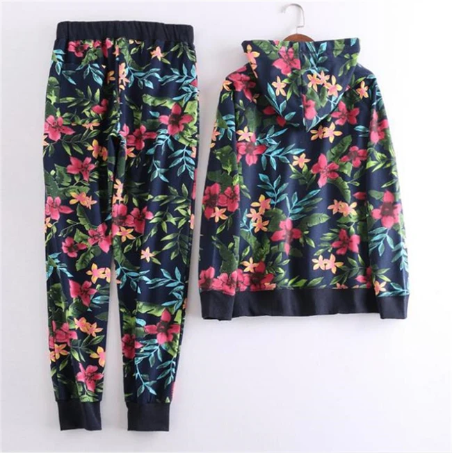 

2020 Time-limited Cotton Full Pattern Spring New Women's Casual Suit Fashion Printing Hooded Jacket + Trousers Two-piece Female