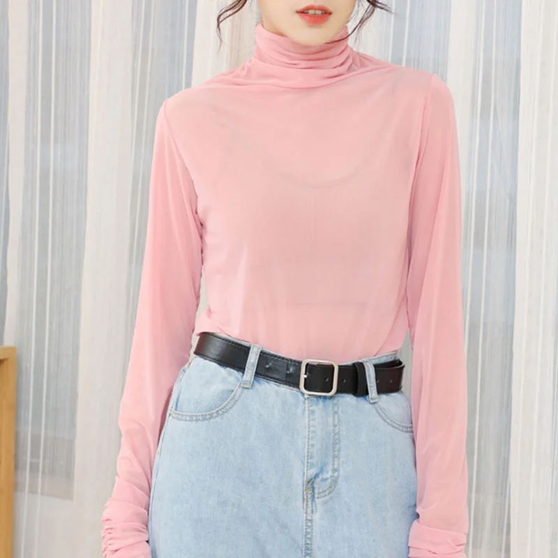 Женская неоновая рубашка с длинными рукавами прозрачный топ воротником-стойкой