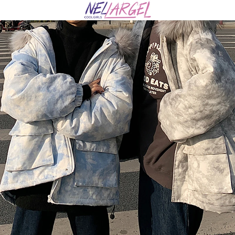 NELLARGEL Women Tie Dye Winter Hooded Jackets 2022 Female Couple Fur Collar Big Pockets Puffer Jacket Girl Vintage Thick Parkas
