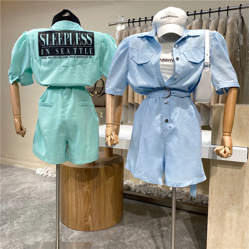 

Brand Original Design 2021 Alphabetic College Style Back Lapel Bubble Sleeve Jumpsuit 2021 New Strappy High-waisted Jumpsuit