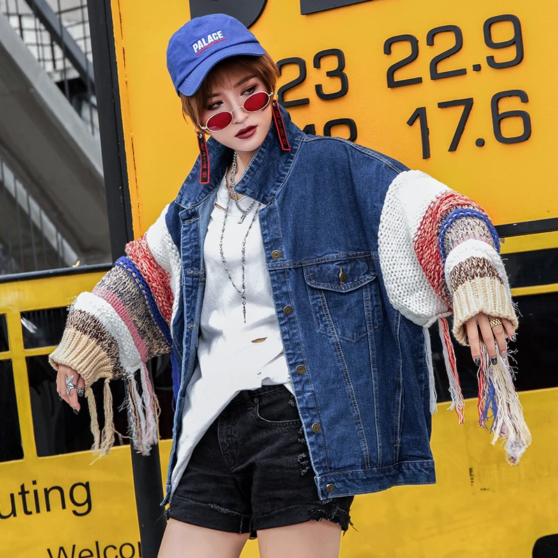 2019 модная новая Свободная трикотажная джинсовая куртка с кисточками Бесплатная