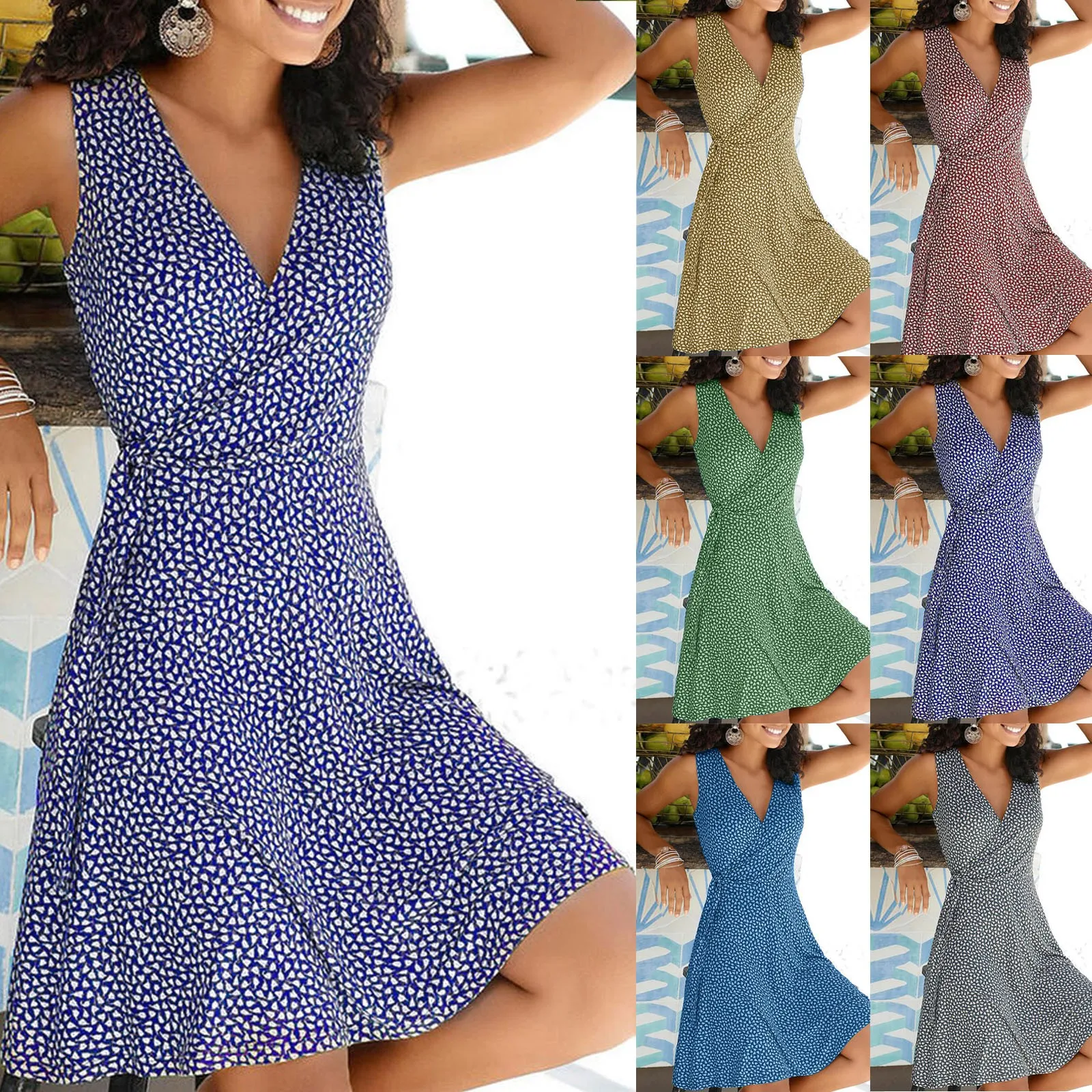 

Polka Dot Dress Vintage Womens Dress 2020 Spring Loose Sleeveless Party A-line Dress Ladies Sexy V-neck Short Mini Dresses#g