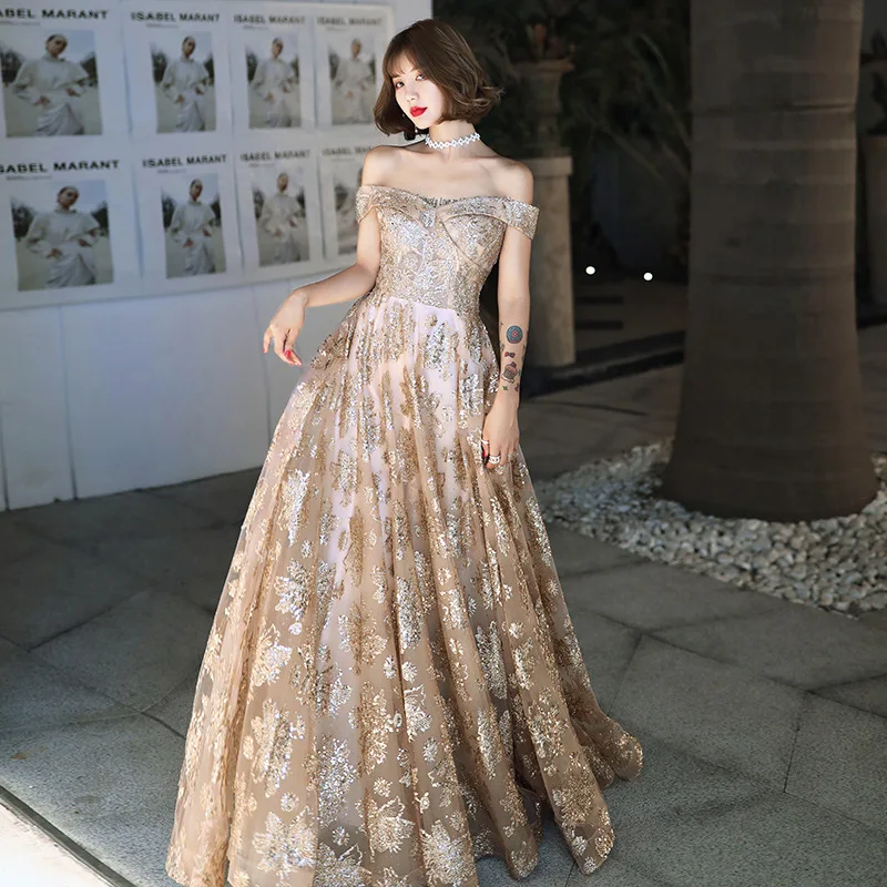 

Женское вечернее платье с открытыми плечами, изысканное блестящее Привлекательное платье с открытой спиной для выпускного вечера, а-силуэт...