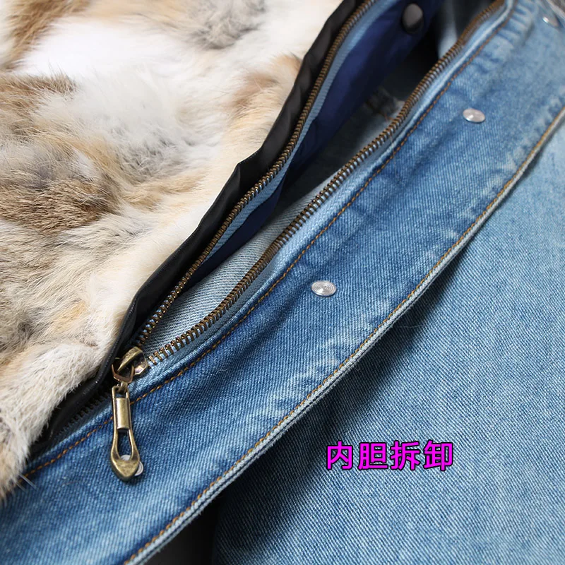 Женская джинсовая куртка с большим воротником теплая подкладкой из меха кролика