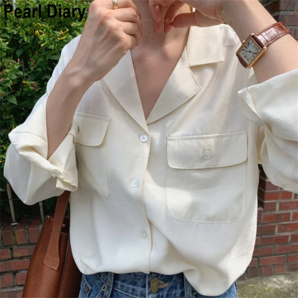 

Женская винтажная рубашка с длинным рукавом, однотонная Повседневная Блузка с отложным воротником и карманами, 2021