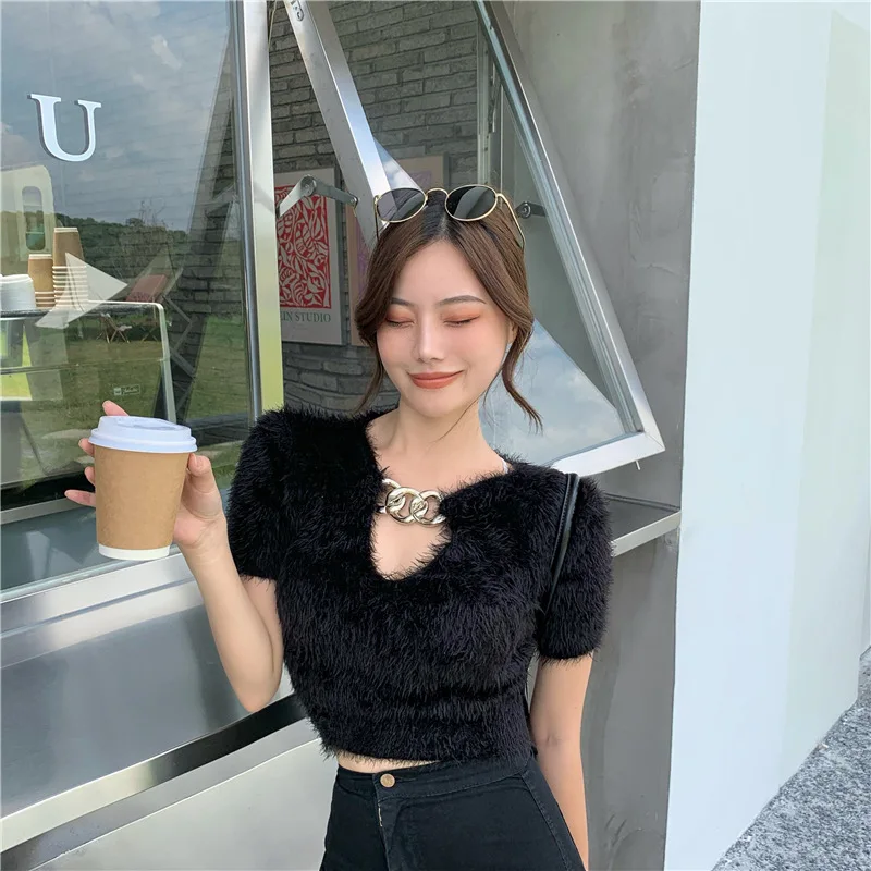 

White Fuzzy Sweater Top For Ladies Short Slim V-neck Short Sleeve T-shirt Chain Hollow Shirt Black commuting