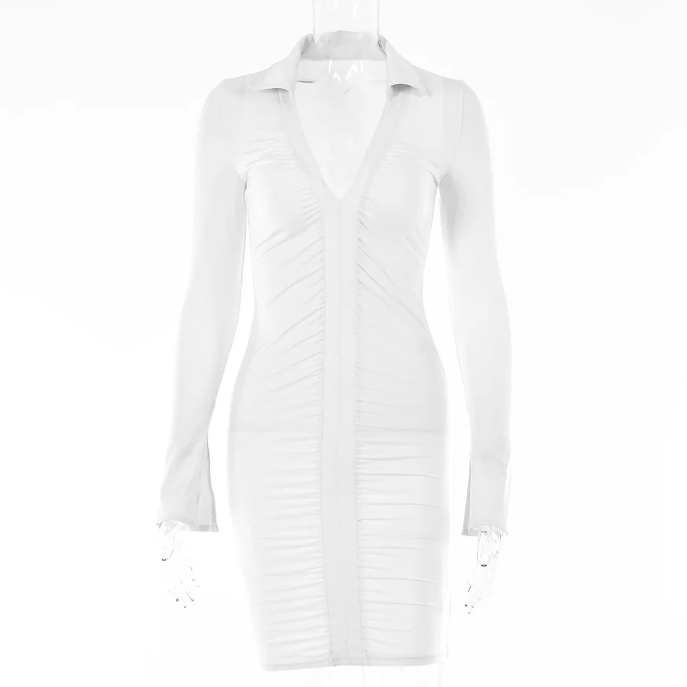 

Tinastyle Deep V Neck Sexy Bodycon Dress Women 2021 Long Sleeve Pleated Skinny Short Summer Dress Casual Mini Dress Vestidos