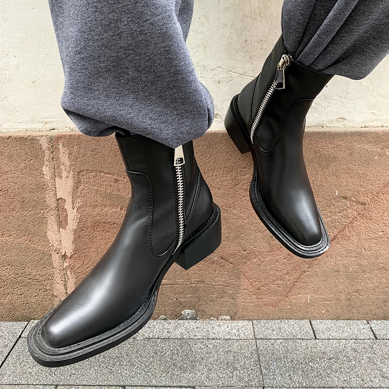 

VERCONAS Women Ankle Boots Genuine Leather Shoes Woman Autumn Winter Basic Fashion Concise High Heels Side Zip Short Boots Woman