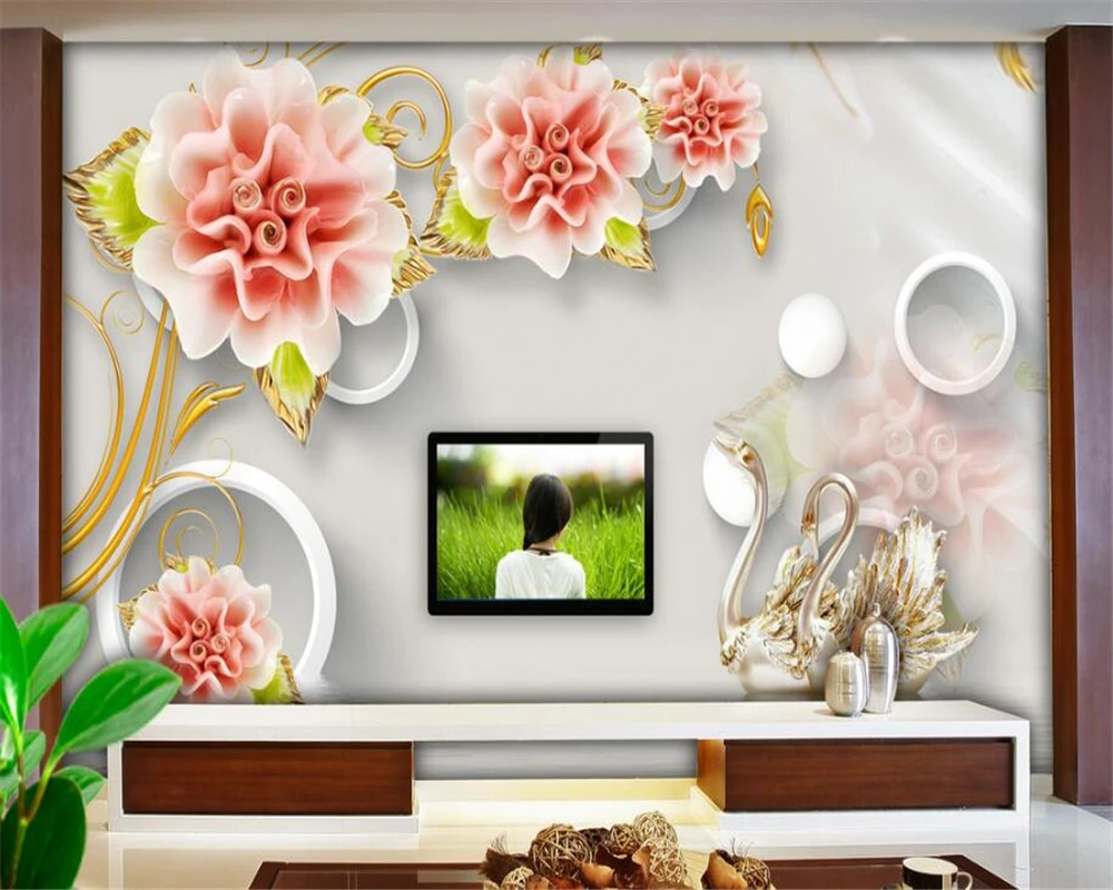 Большой пользовательский 3D стерео нефритовый резной розовый Лебедь ТВ фон для