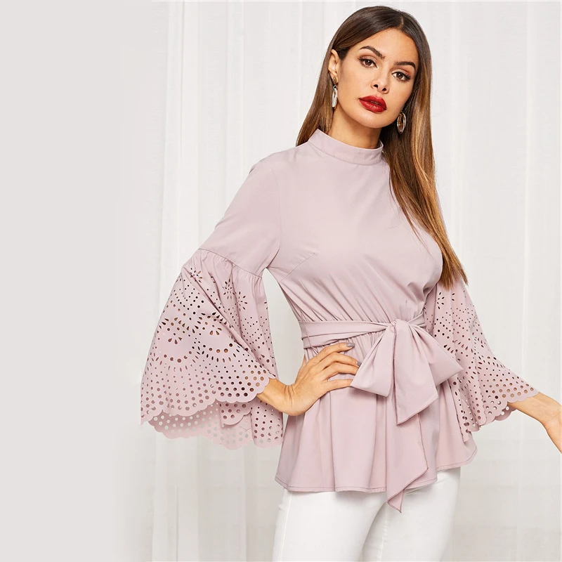 Sheinside розовый элегантный воротник-стойка блузка женская осень выдолбленный рукав-Волан блузки дамы с плотным поясом Топ