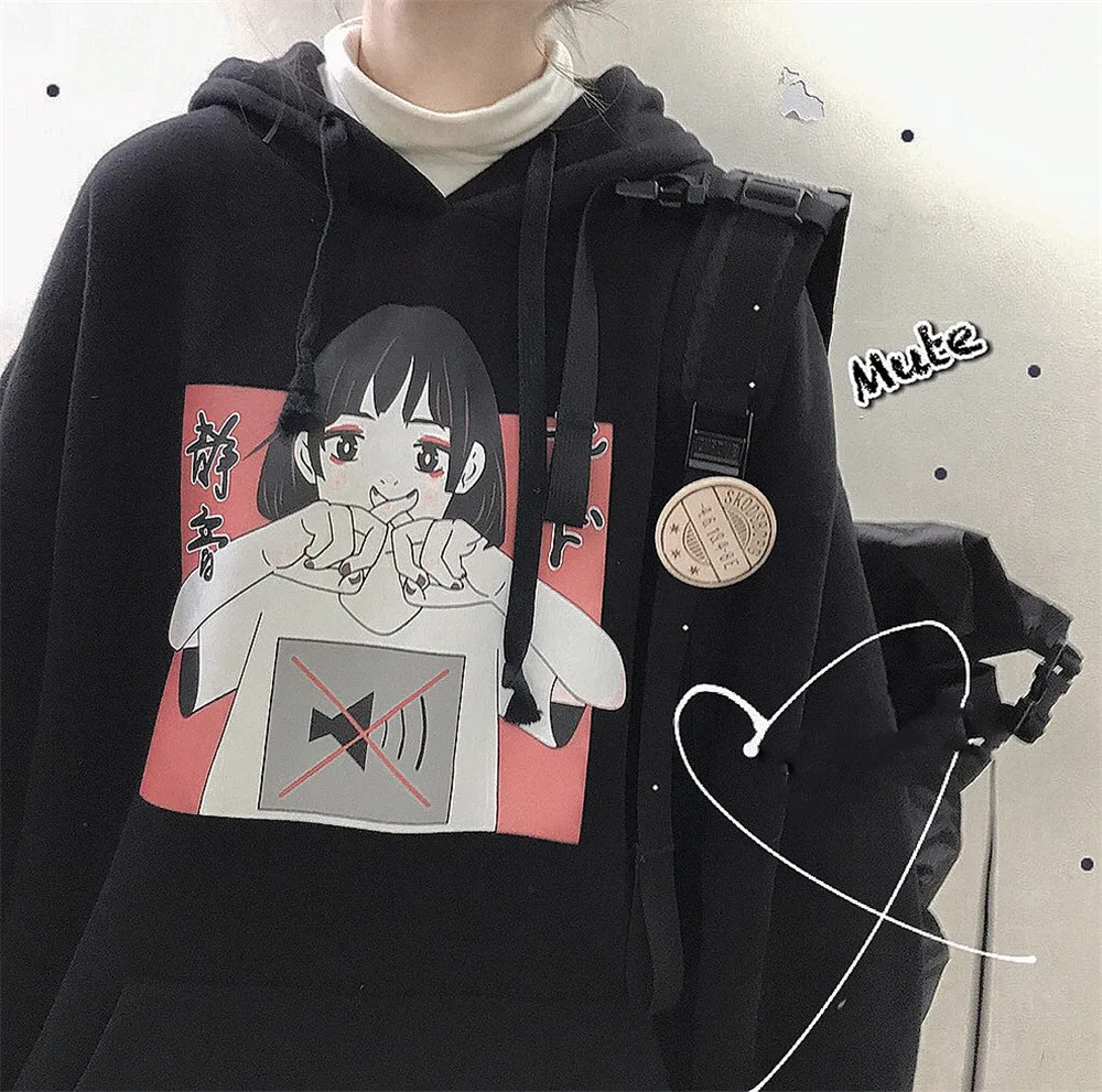 Harajuku Kawaii аниме девушка с капюшоном Толстовка японский Винтаж милый черный флис толстовка с рисунком женский объемный пуловер