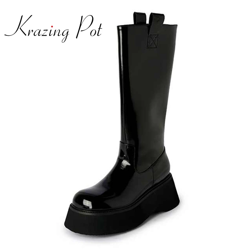 

krazing pot patent leather round toe thick bottom rain boots non-slip punk style cool classic colors basic thigh high boots L20