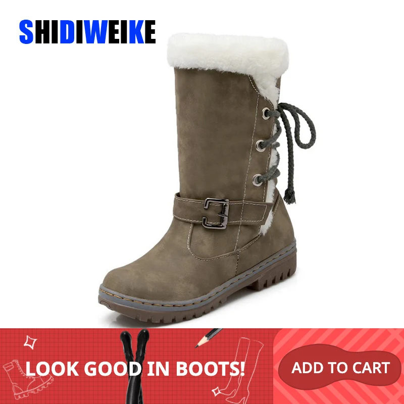 Модные хлопковые ботинки зимние женские сапоги до середины икры с мехом кожаная