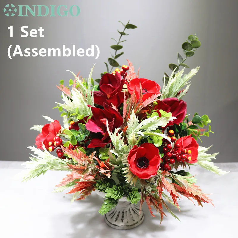 1 set Assembled Индиго дизайн-1 Набор DIY подарок Красный анемон Cymbidium Рождество Цветочная композиция бонсай букет стол центральный - Цвет: 1 set Assembled