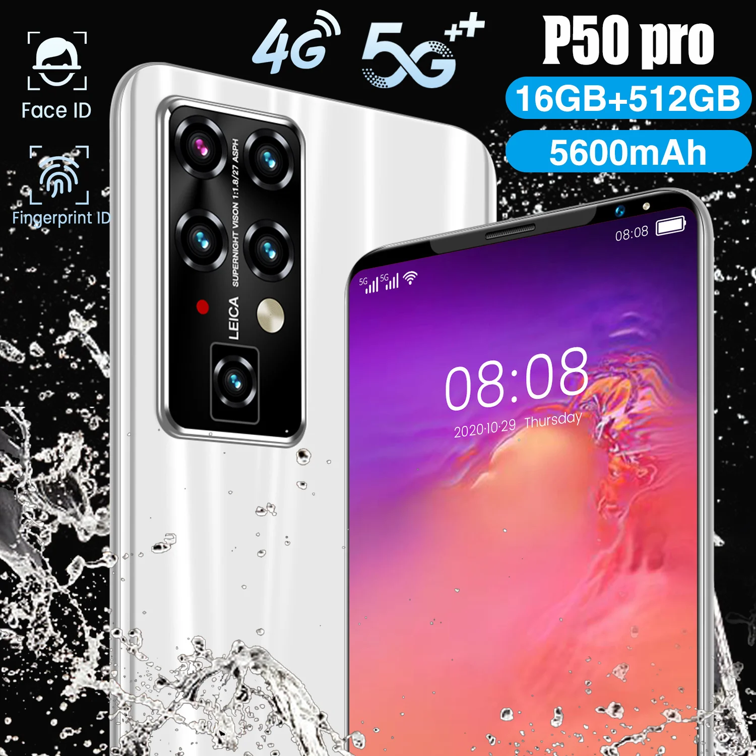 

5.5 Inch P50 Pro 16GB+512GB Full Screen Smartphone 24MP+32MP Camera 5600mAh GPS Ten Core MTK6889 5G Glass Screen Cell Phone 2021