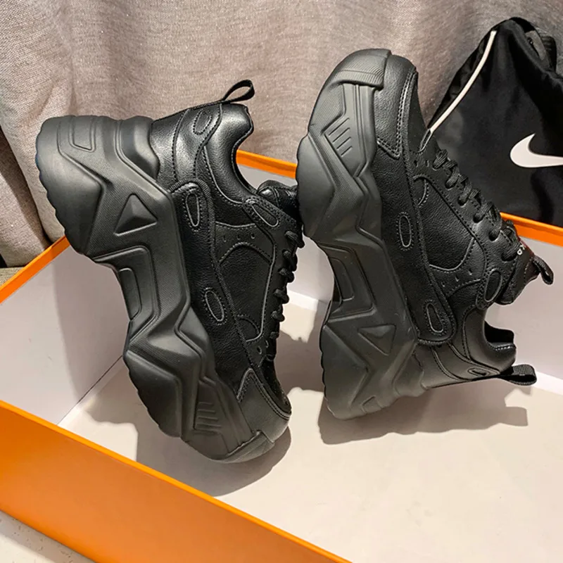 

Женские кроссовки на массивной платформе, черные кожаные кроссовки с вулканизированной подошвой, осень 2021