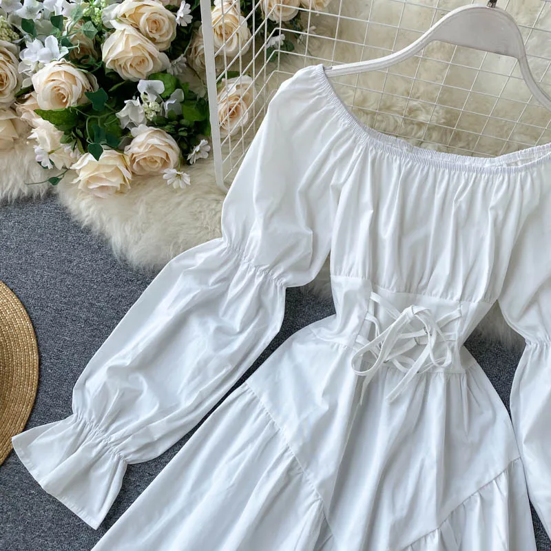 

YuooMuoo Early Autumn Dress 2020 Retro Gothic Women White Black Bandage Mini Dress Sexy Off Shoulder Puff Sleeve Korean Vestidos