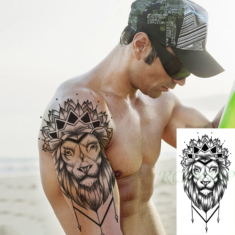 

Водонепроницаемый временный стикер татуировки короны цветок Лев с аппликацией в виде животного с фальш-вставкой, флэш-рука нога татуировка...