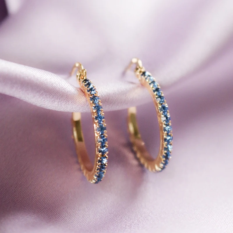 

Huitan Gorgeous Women Hoop Earring Gold Color with Deep Blue Cubic Zirconia Noble Lady Wedding Party Daily Wear Fashion Jewelry