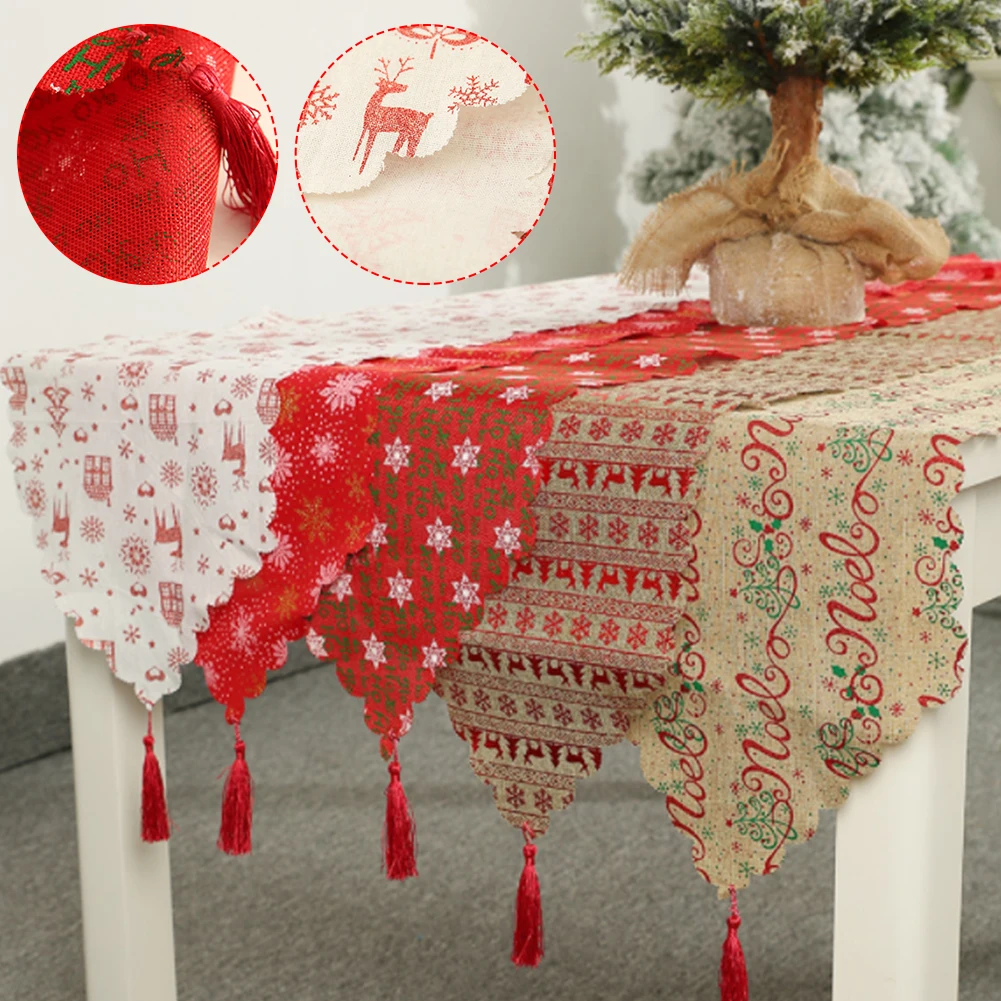 

Christmas Table Runner Fabric Printed Decorative Tablecloth Table Cover for Desktop Home Holiday Decor Xmas Party Supplies