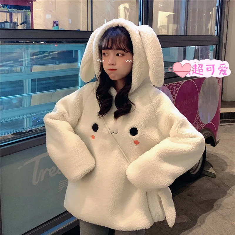 

Kawaii Women Hoodies Pullover Girl Winter Loose Fluffy Rubbit Ear Hoodie Hooded Jacket Warm Outerwear Coat Cute Sweatshirt Girls