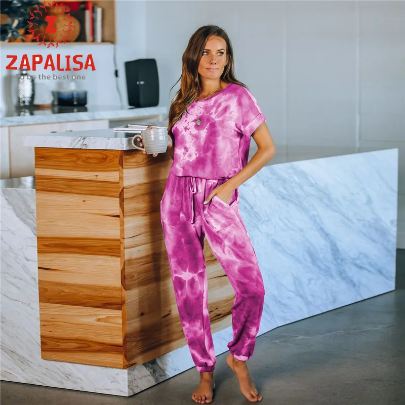 

Fashion Women Summer Print Jumpsuits Drawstring Design Pockets Decor O-Neck Short Sleeve Mid Waist Casual Loose Jumpsuits