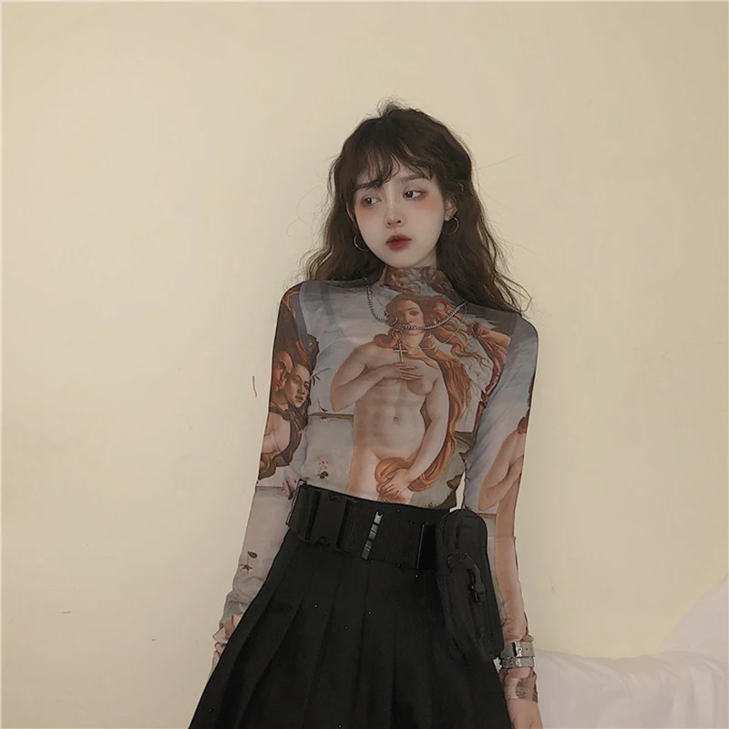 Новинка, Ulzzang, персональные, шикарные, модные, Масляные картины, ангел, девушка, Ретро стиль, пикантные сетчатые топы, Повседневная мода, Harajuku, свободная женская футболка