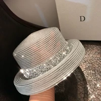 2020 female summer womens hat hepburn style vintage design wide side straw hat transparent bright diamond beach hat big sun hat