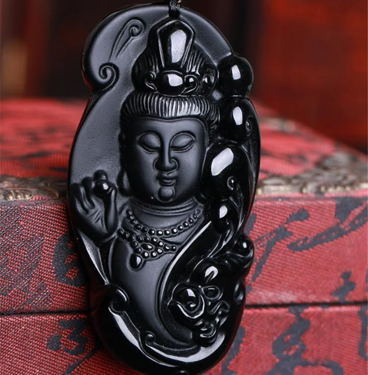 Прямая поставка натуральный черный обсидиан Гуаньинь Будда резной счастливый