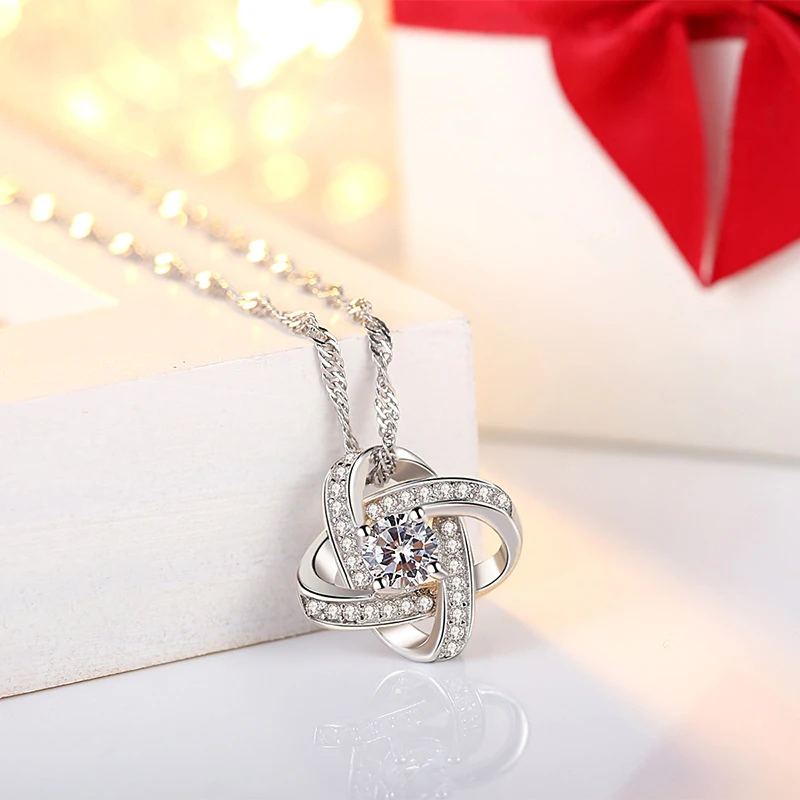 

Love Knot Sterling Silver Necklace With Full Cubic Zirconia Stones Eternal Love Heart Pendant Necklace MAEA99