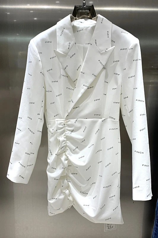 

New Fashion Printed Letters Slim-Waist Shrring Ruffled Blazer Dress Irregular All-matching Elegant Notched Dress for Women