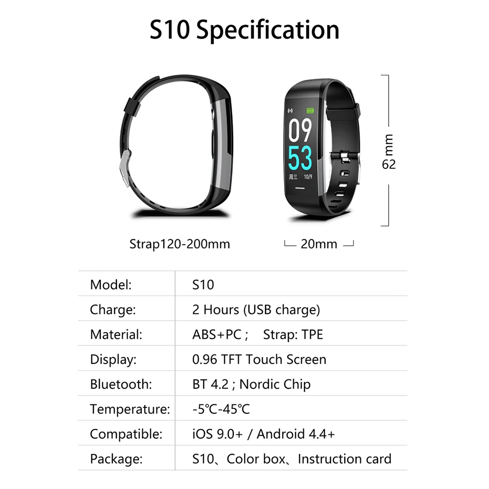 

Smart Wristband For IOS Android S10 Health Monitor Pedometer Message IP68 Waterproof Push Fitness Tracker Smart Bracelet Band