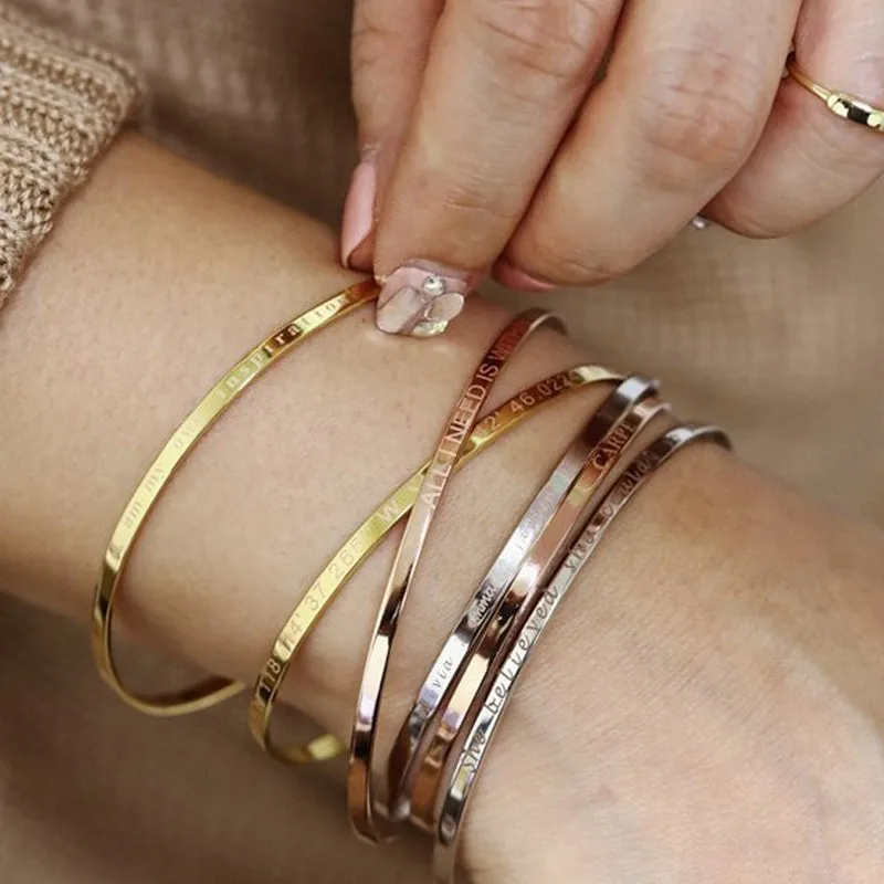 Inspirational Cuff Bracelet Bangle for Women Men Rose Gold Silver Color Engraved Mantra Bracelets Wife Fiance Personalized Gifts dreams come true letters engraved bangle be yourself metal lettering fashion hope faith cuff bracelet women best gifts