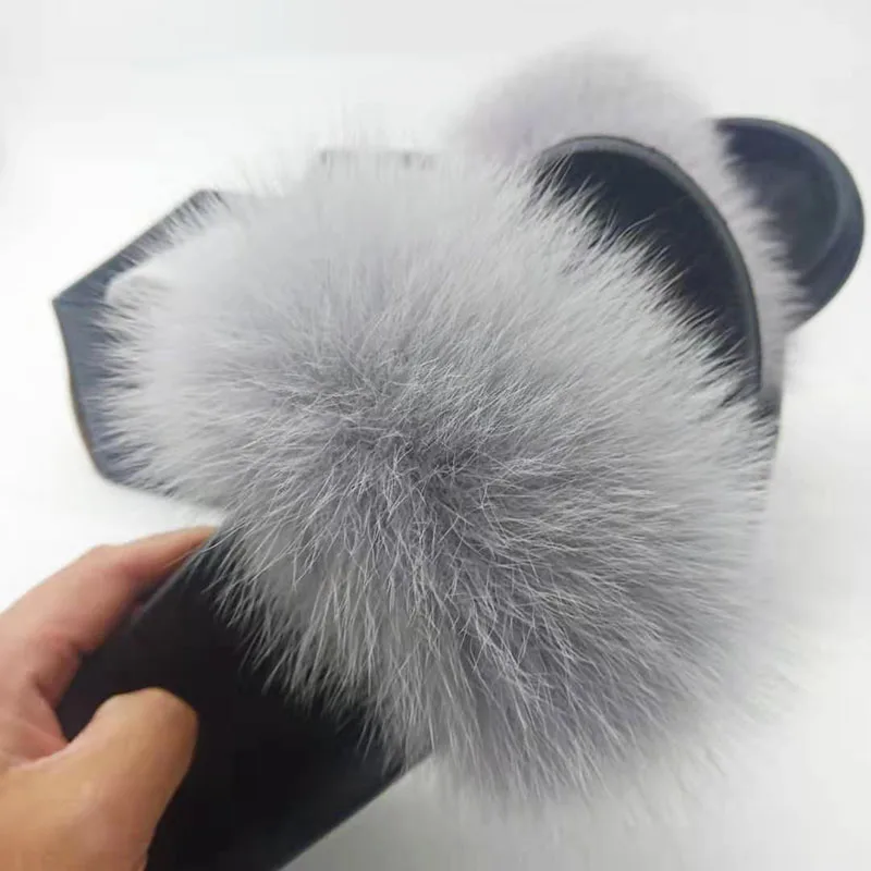 Шлепанцы женские из натурального Лисьего меха сланцы пушистые меховые сандалии