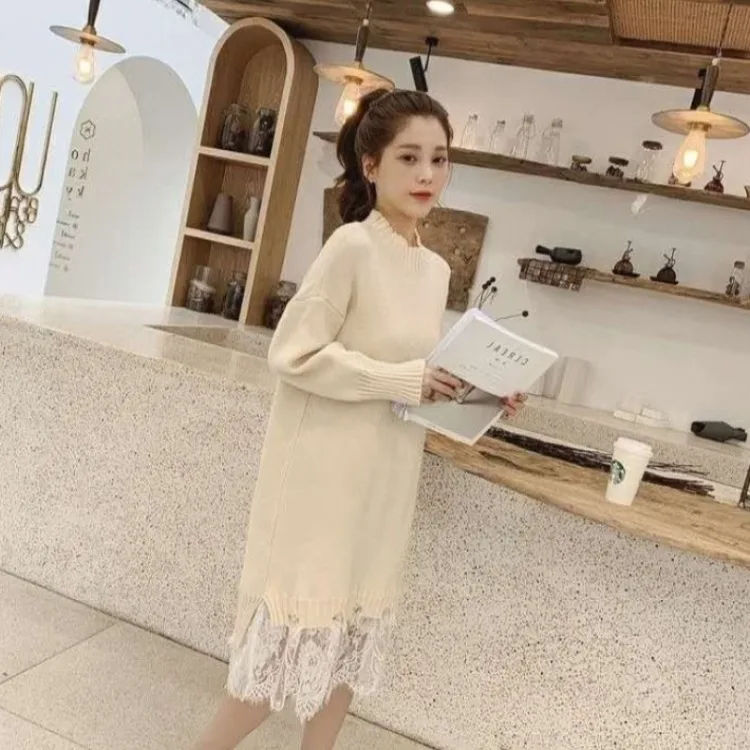 

Autumn and winter new mid-length over-the-knee sweater women loose and thin lace stitching sweater dress