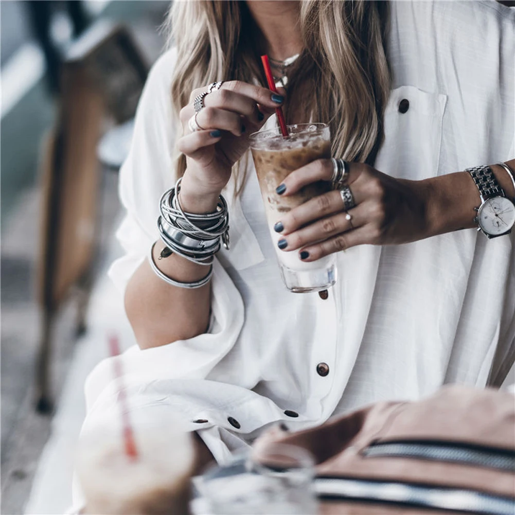 

Women Button Loose Tunic Top Shirt Long Sleeve V Neck Long Blouse Black White Blouses Shirts Summer Dress Autumn Spring Clothing