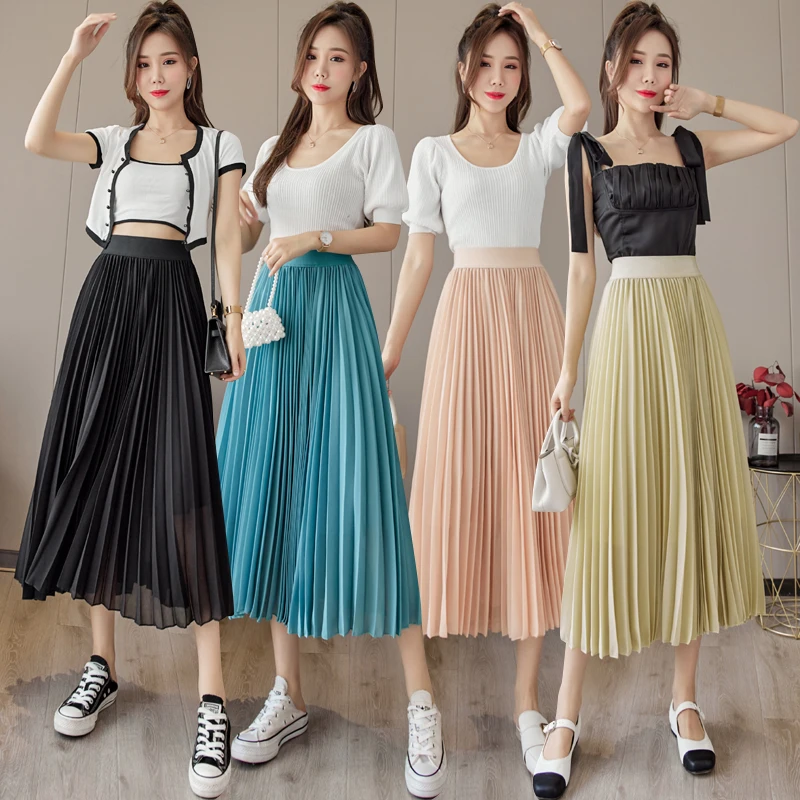 

2021 New Summer Skirt Mesh Tulle Skirts Womens Loose Slim Solid Color Chic Tutu Pleated Chiffon Skirts Elastic Waist Female Jupe