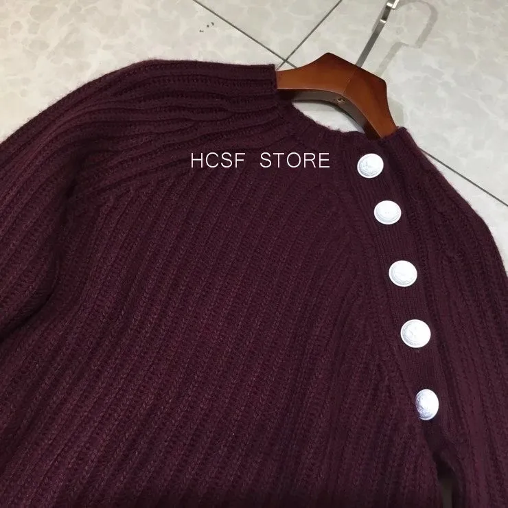 Women's Winter Sweater O-Neck Shoulder Buckle Long Sleeve 100% Cashmere Solid Color Jumper