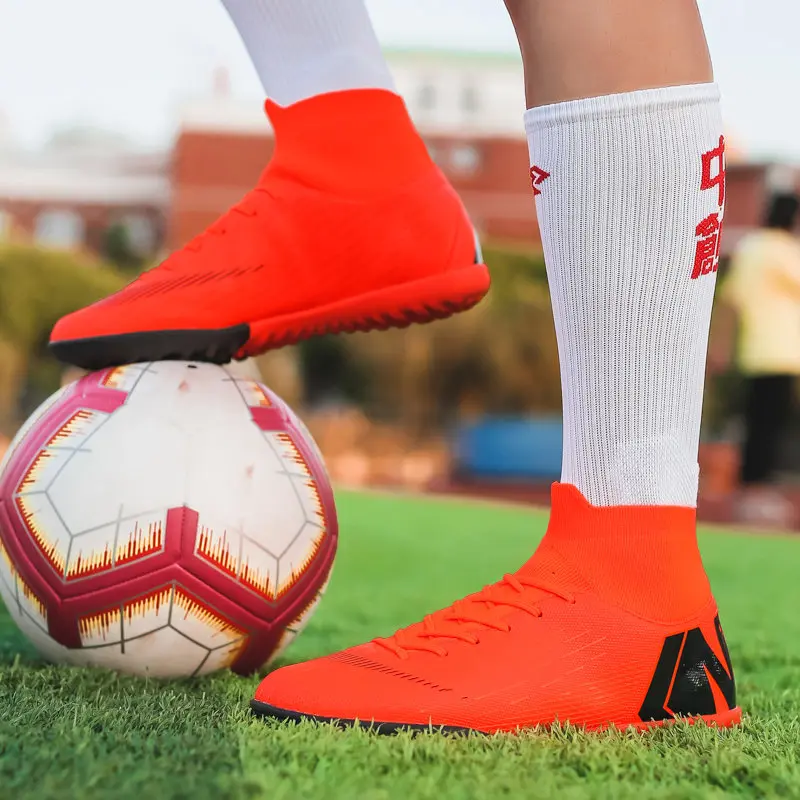 Fashion Orange Men High top Football Boots Soccer Cleats Ultralight Turf Shoes Spikes Outdoor Futsal Sneakers Men Size 35-44