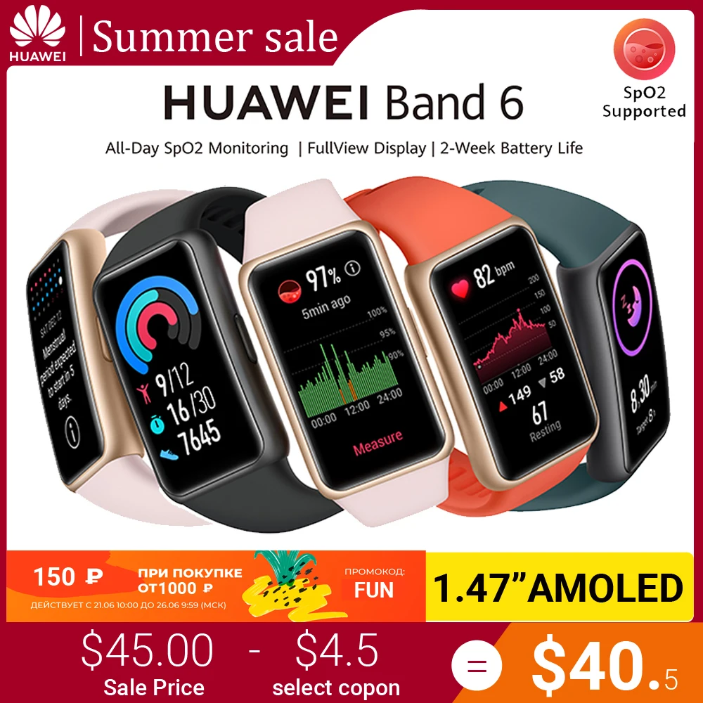 HUAWEI BAND 6 смарт часы Русское меню SpO2 мониторинга 1 47 дисплеем FullView 2 недель Время