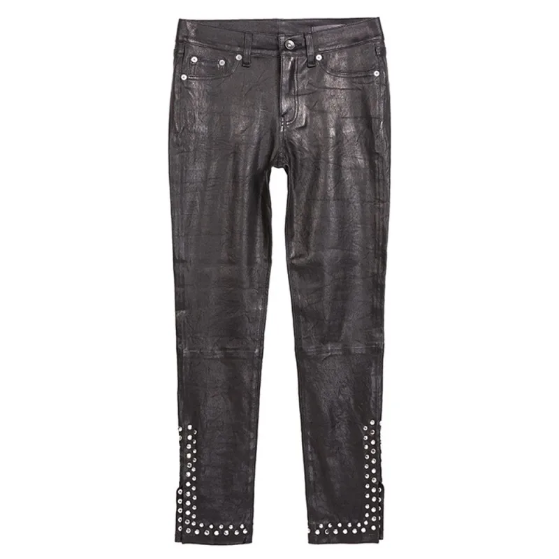 

Spring Women Sexy Real Leather Skinny Pants Lady Elastic Trousers Fashion Streetwear Rivets Split Sheepskin Leather Pencil Pants