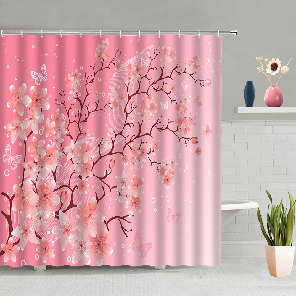 

Color Flowers Print Shower Curtain Floral Spring Scenery Bathroom Decoration Screen Washable Hanging With Hooks Set Home Decor