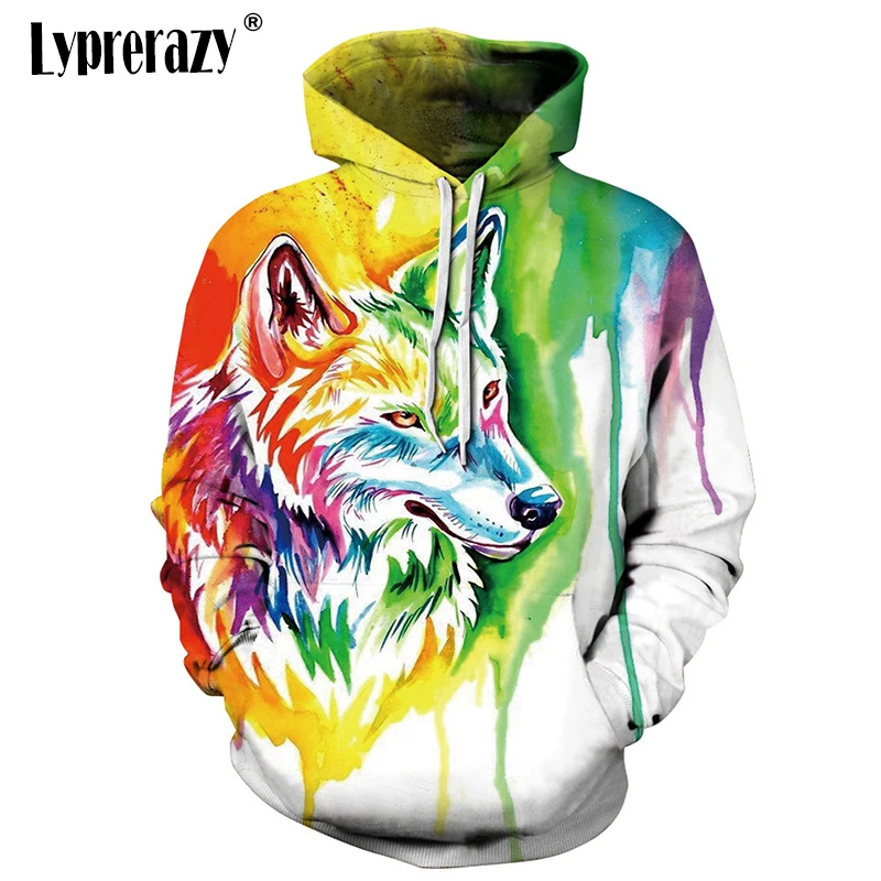 

Lyprerazy размера плюс пуловер, новинка, уличная одежда, мужская куртка с капюшоном, красочные худи с масляным рисунком волка, Мужская толстовка ...