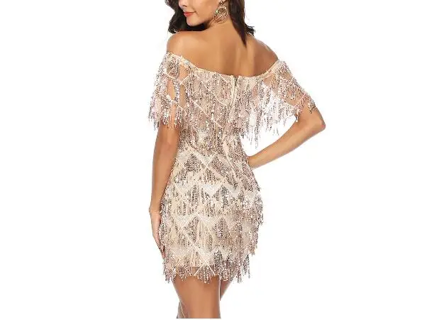 

2021 Summer Strapless Luxury Sequin Tassel Mini Dresses Women Ruffles Sleeve Deep V Off Shoulder Sexy Wrap Party Dress