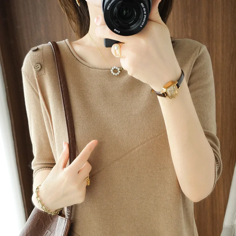 

Summer Pure Cotton Sweater Women Solid Fashion Button O-Neck Short Sleeve Knitwear Female Elegant Chic Office Lady Tops Pullover