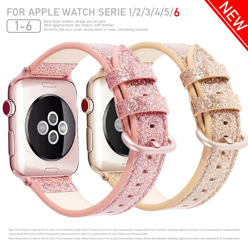 

Ремешок кожаный для Apple Watch 38/40/42/44 мм, блестящий браслет для iWatch Series 6 5 4 3 2, аксессуары для наручных часов