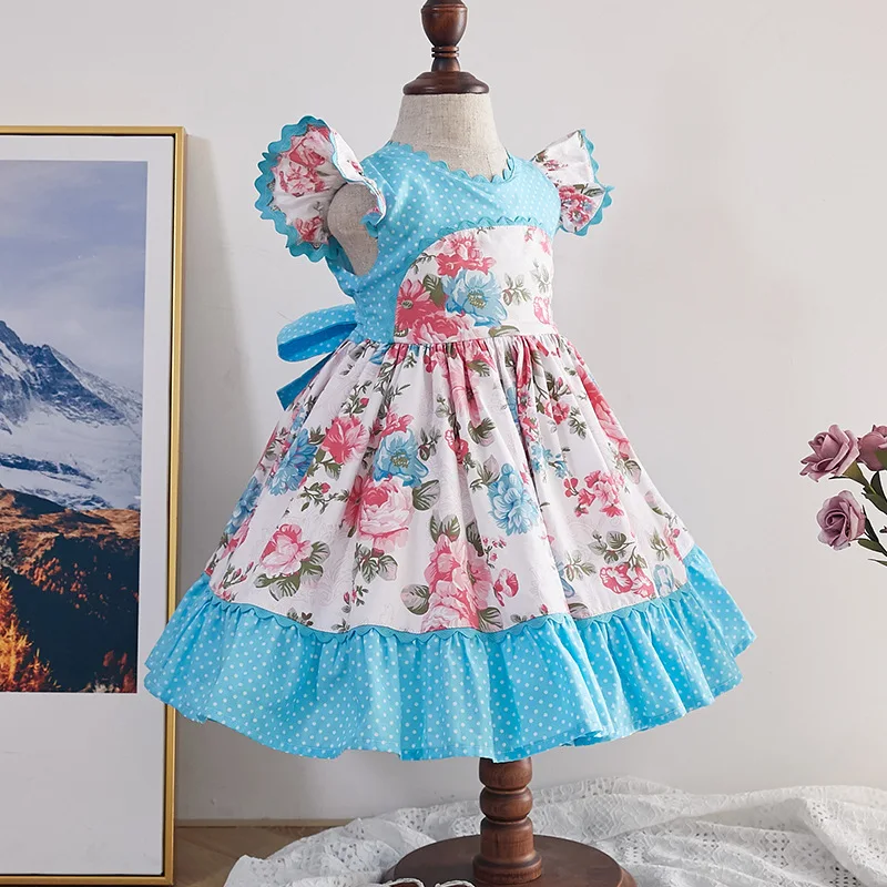 

Kids Bow Dresses for Girls Spanish Children Boutique Clothing Toddler Floral Frocks Baby Girl Vintage Christening Gown